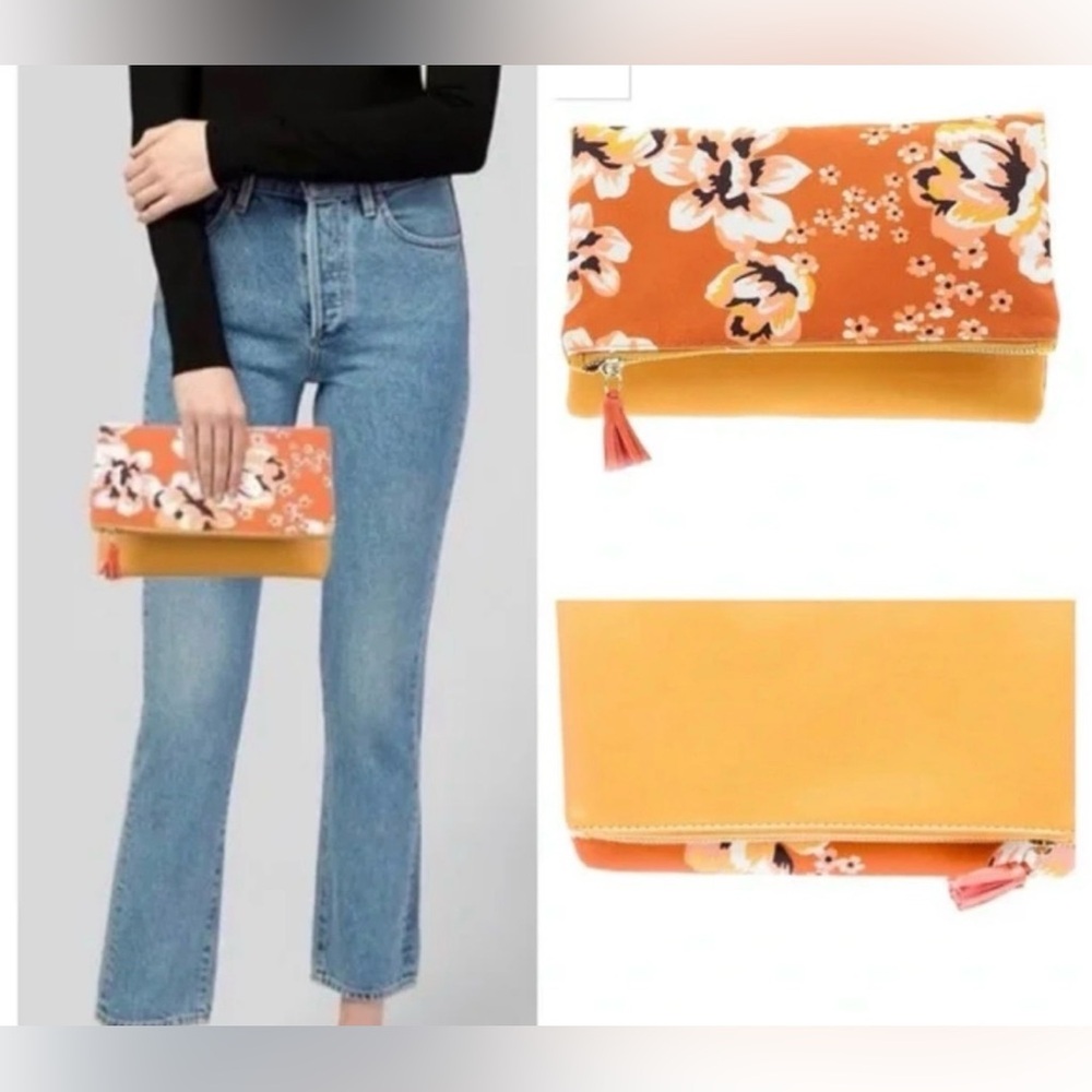 Rachel Pally Reversible Floral Clutch Orange Yellow Zip Pouch NWT